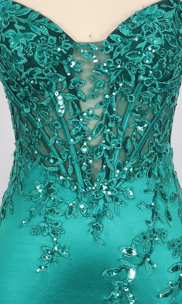 Close-up of the PromGirl Exclusive 250247 long prom dress in emerald green, featuring a strapless design with lace appliqué, sequins, and a sheer corset bodice with detailed mesh accents.